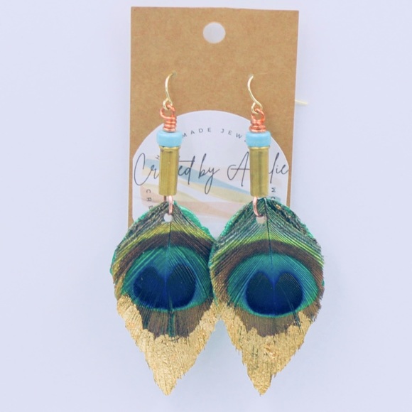 Hand Made Peacock Feather and Leather Earrings - Picture 3 of 6